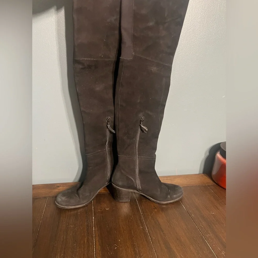 Stuart Weitzman Black Suede Over The Knee OTK Boots Block Heel Lug Sole Side Zip - Picture 4 of 10